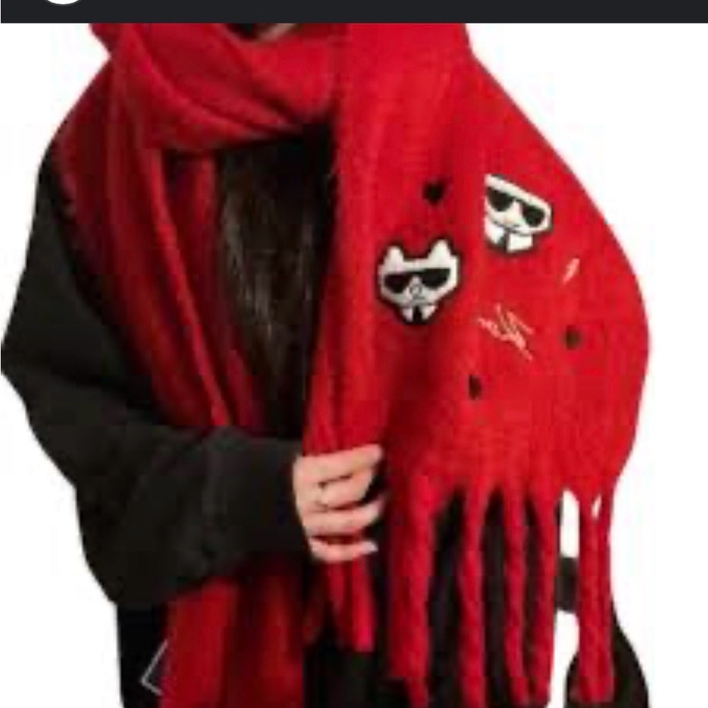 Karl Lagerfeld Red Scarf with Iconic Motif